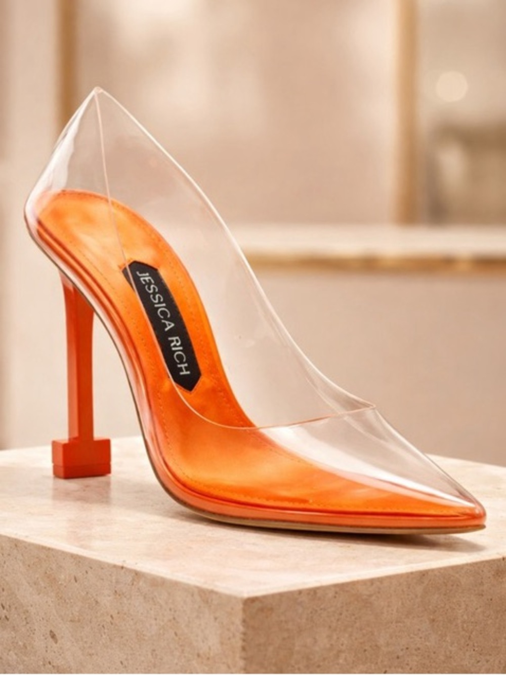 Jessica Rich So Fancy Clear PVC Upper Orange Stiletto Pointed Toe Heels Size 39
